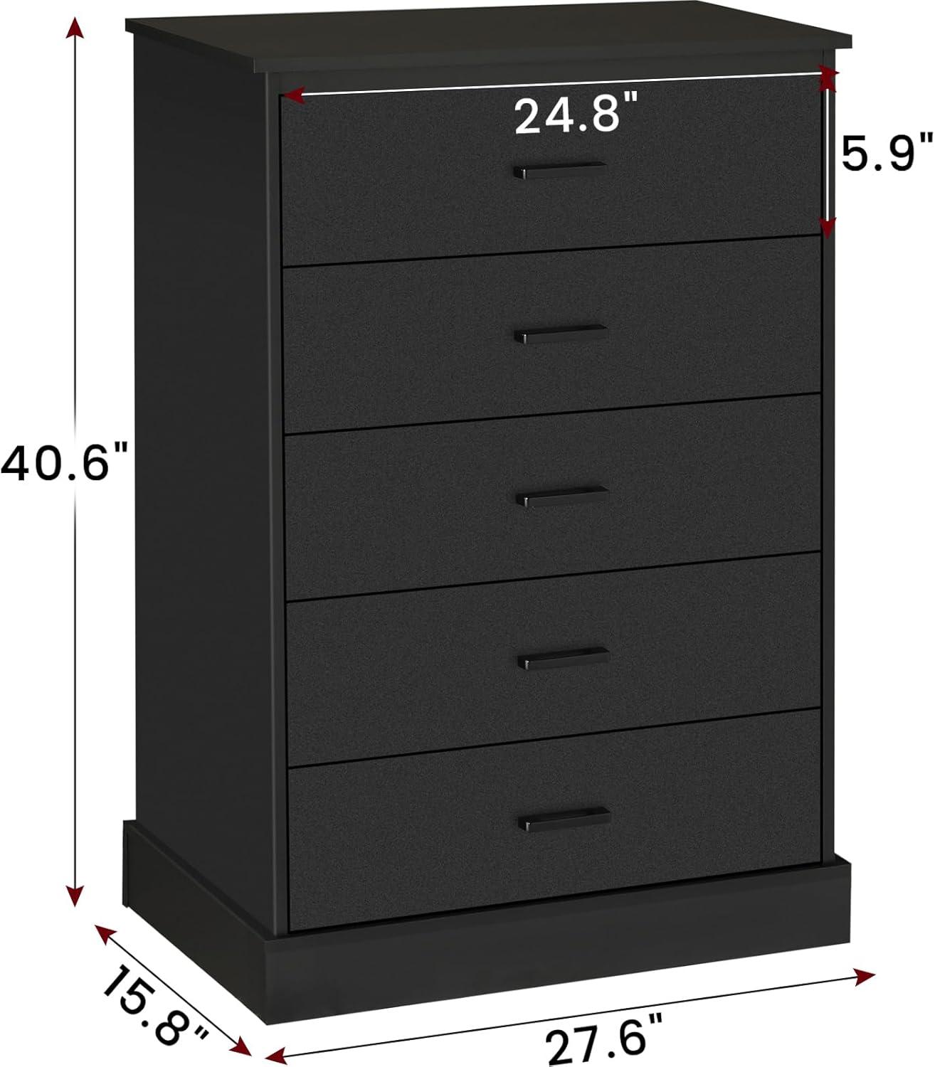 Tall Dresser with 5 Drawers for Bedroom, Storage Tower Clothes Organizer, Black Chest of Drawers with Sturdy Pedestal, 27.6'' W x 15.8'' D x 40.2'' H