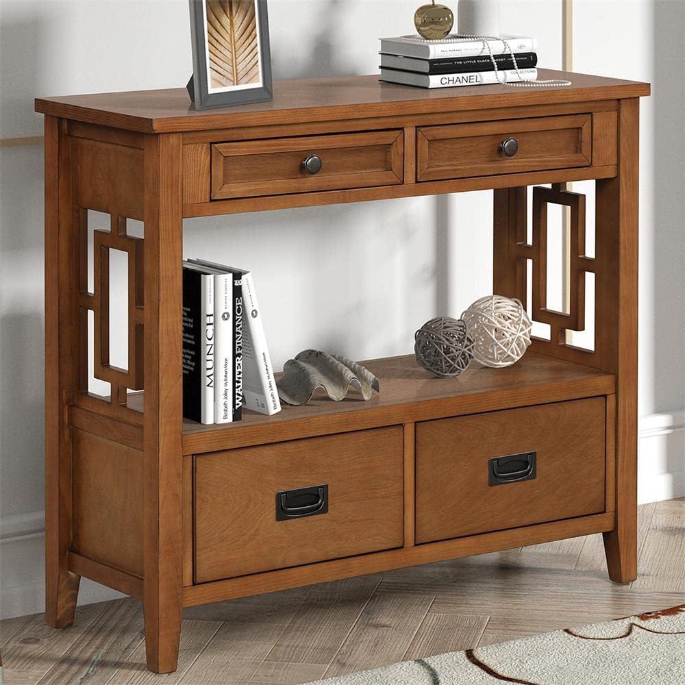 36'' Brown Pine Wood Console Table with Storage Drawers