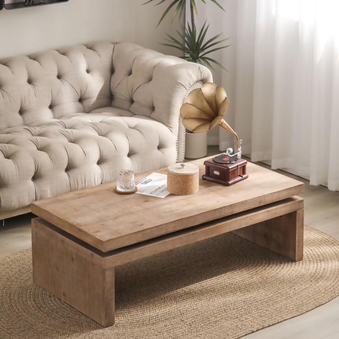 Natural Wood 2-Tier Rectangular Coffee Table 47.6"