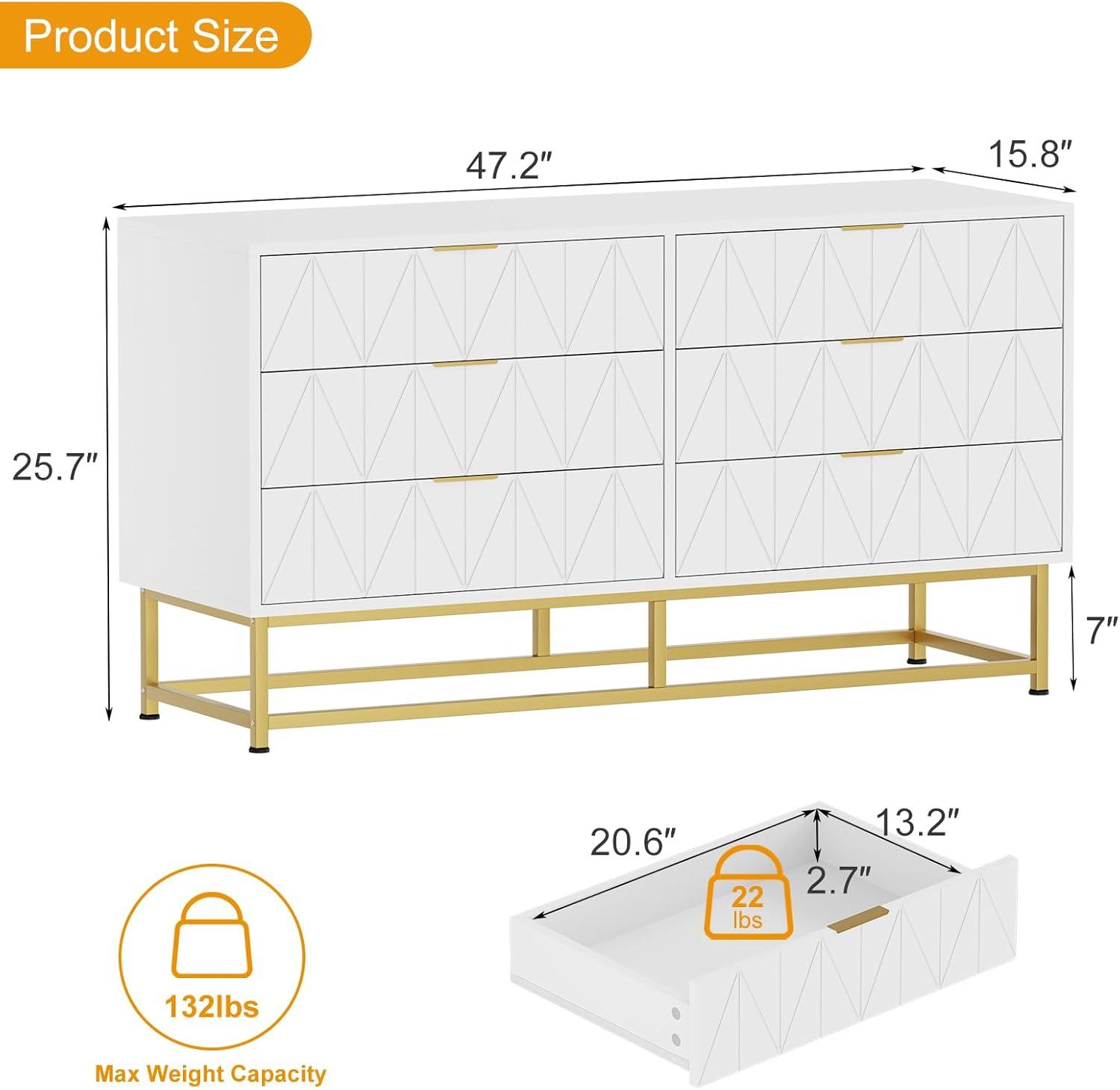 Towallmark Dresser for Bedroom, 6 Drawer Dresser with Metal Legs, Wood Dresser Chest Organizer with Wide Storage, Modern Chest of Drawers for Bedroom, Living Room, Hallway，White