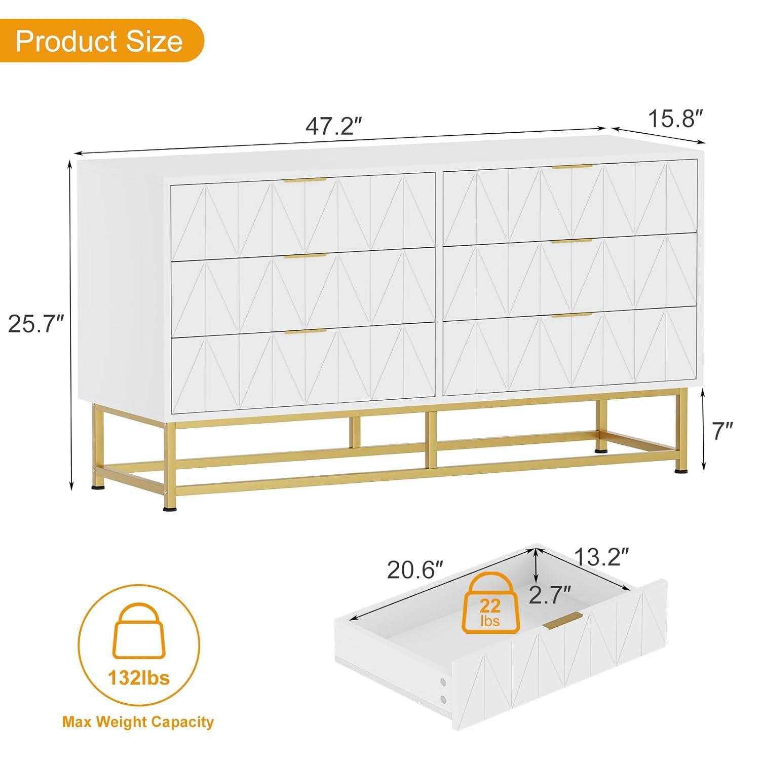Towallmark Dresser for Bedroom, 6 Drawer Dresser with Metal Legs, Wood Dresser Chest Organizer with Wide Storage, Modern Chest of Drawers for Bedroom, Living Room, Hallway，White