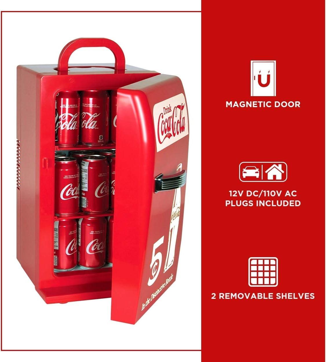 Coca-Cola Retro 18 Can Mini Fridge w/ 12V DC and 110V AC Cords, 22L (23 qt), Portable Cooler, Red, Travel Fridge for Drinks