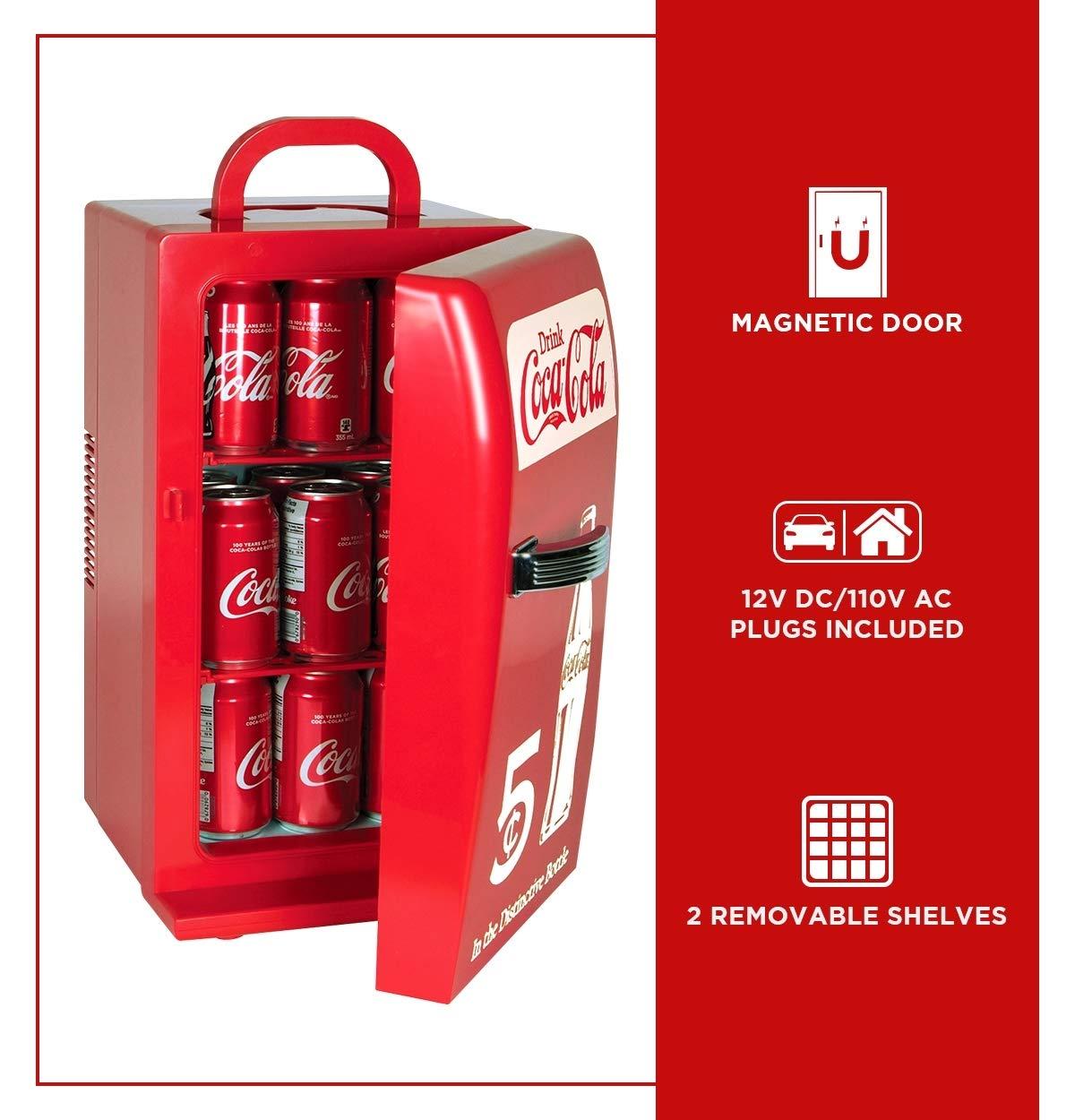 Coca-Cola Retro 18 Can Mini Fridge w/ 12V DC and 110V AC Cords, 22L (23 qt), Portable Cooler, Red, Travel Fridge for Drinks