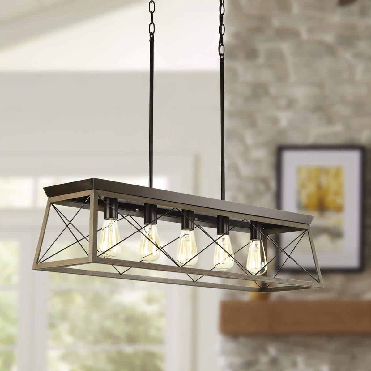 Progress Lighting Briarwood 5-Light Linear Chandelier, Antique Bronze, Faux-Painted Wood Enclosure