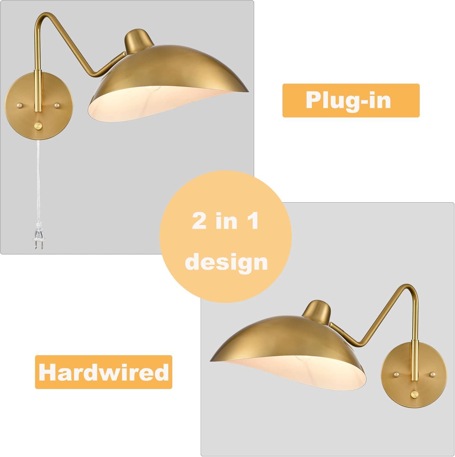 Plug-in Wall Sconce Gold Swing Arm Wall Sconce Brass Wall Lamp with on/Off Switch for Bedroom Set of 2