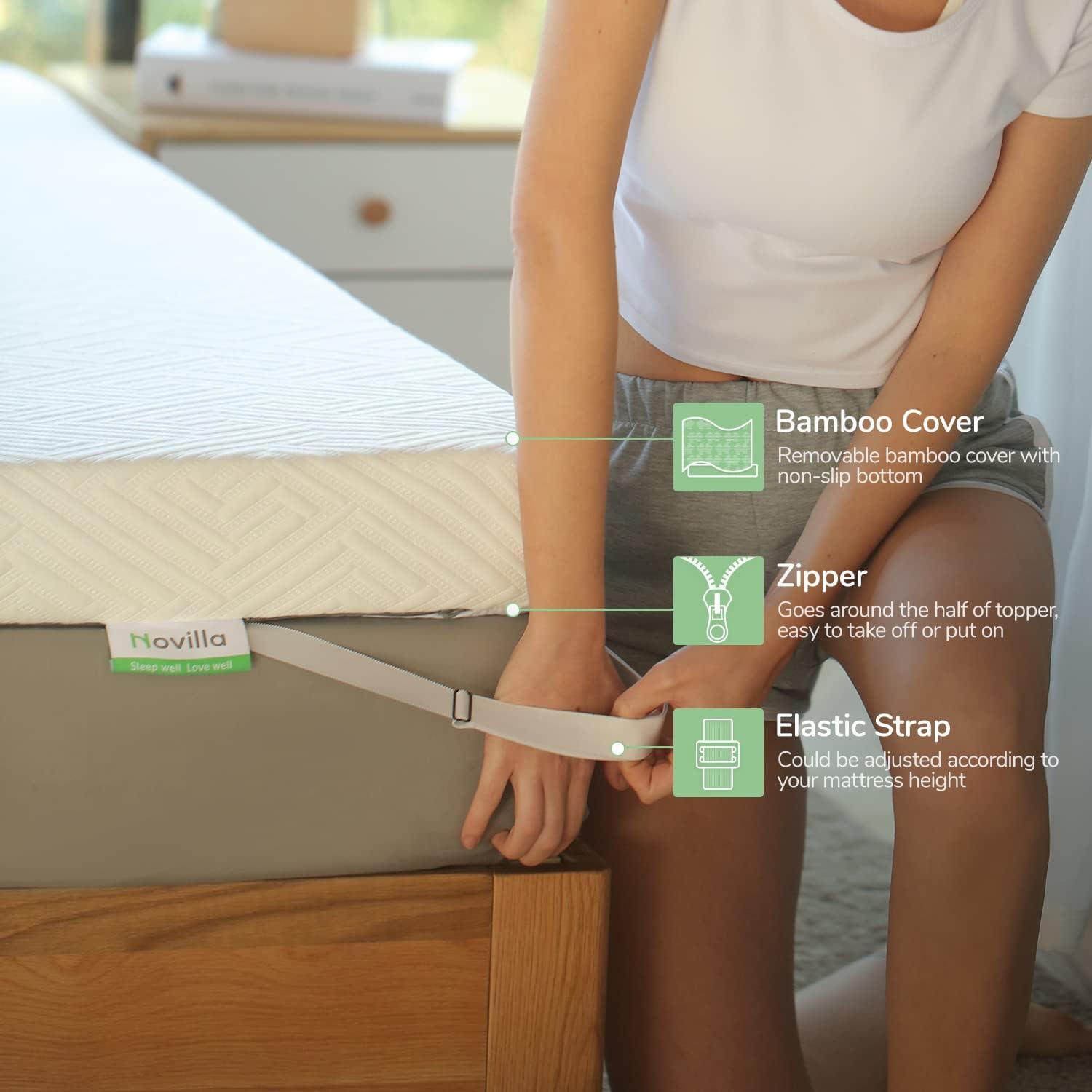 Novilla 3 Inch Queen Size Mattress Topper, Gel Memory Foam Mattress Topper for Cooling Sleep, Supportive & Pressure Relief, Non-Slip Design with Breathable Bamboo Charcoal Cover