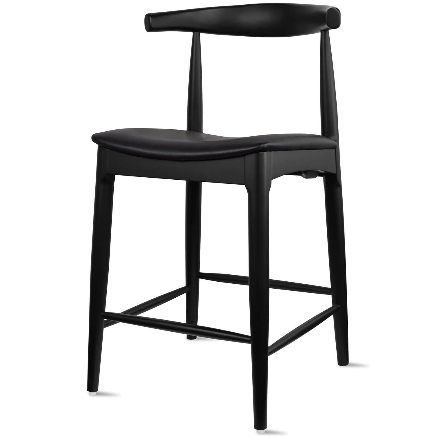 2xhome Elbow Countertop Height Bar Stool Wood Frame Bar Stools with Open Backs Dark PU Leahter Cushion Dark Black, Single, Set of 1