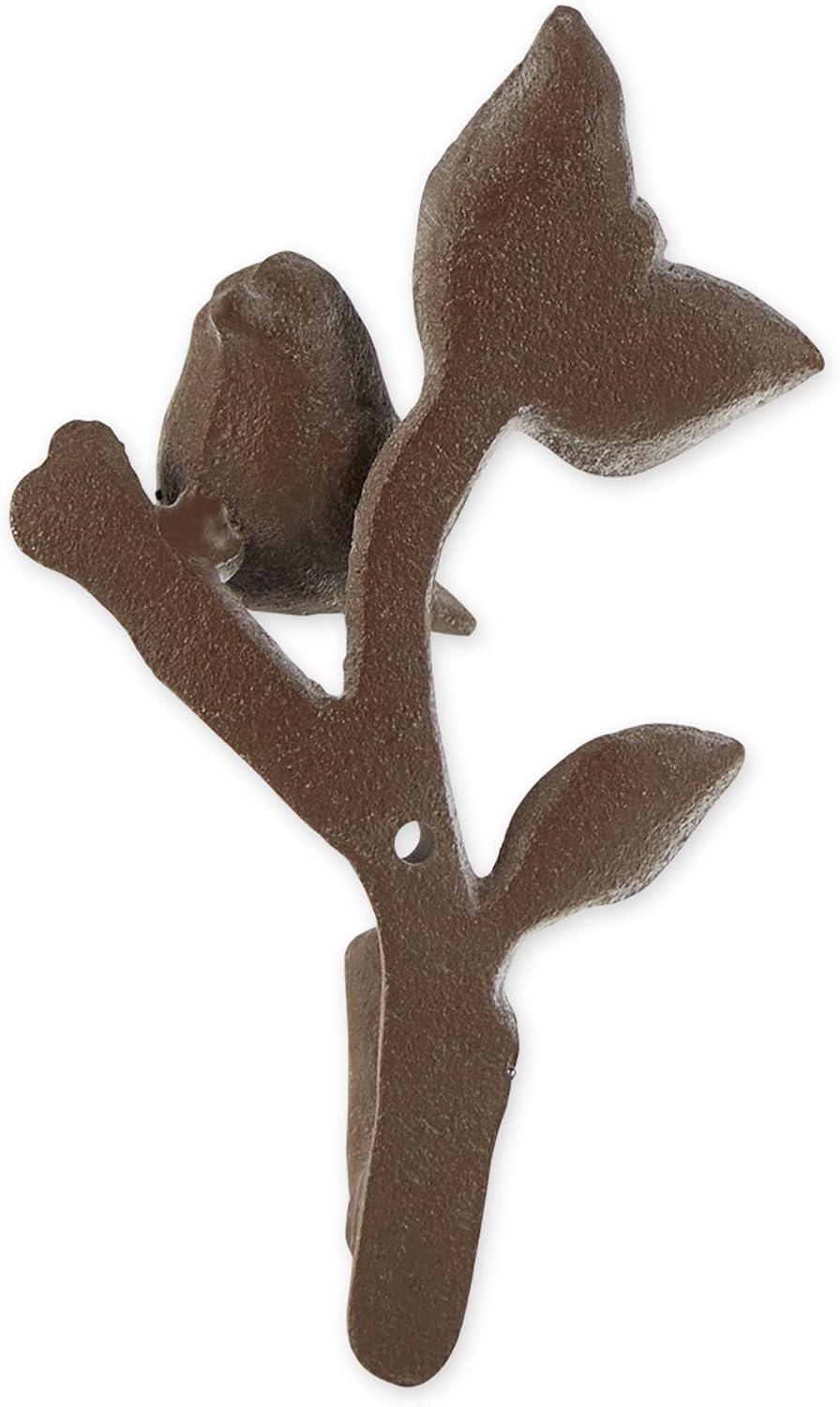 Cast Iron Bird with Leaves Wall Hook, Brown - Set of 2