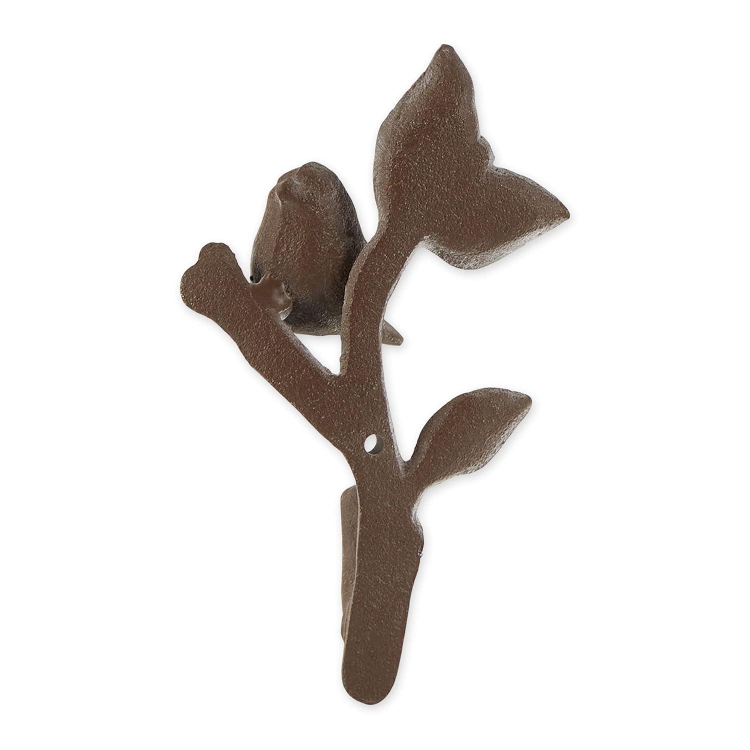 Cast Iron Bird with Leaves Wall Hook, Brown - Set of 2