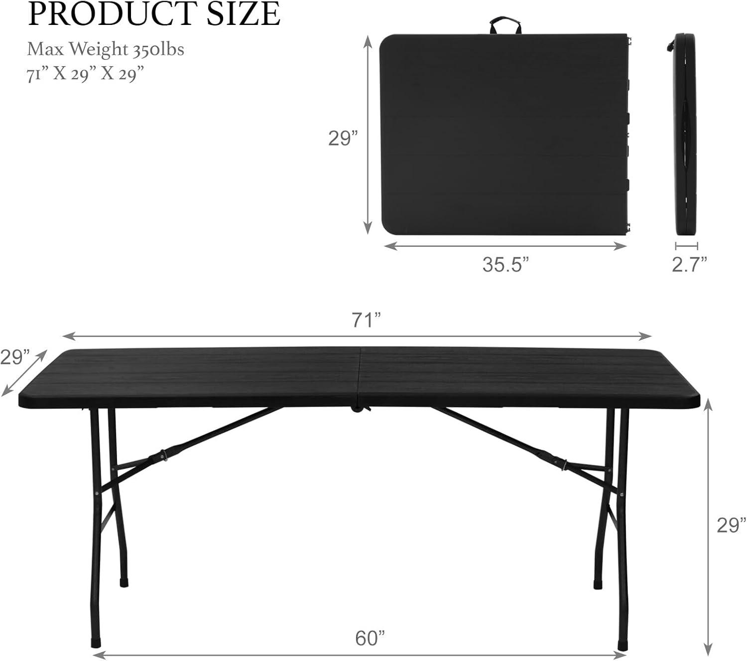 6ft Folding Table, Portable Plastic Table for Camping, Picnics, Parties, High Load Bearing Foldable Table Black