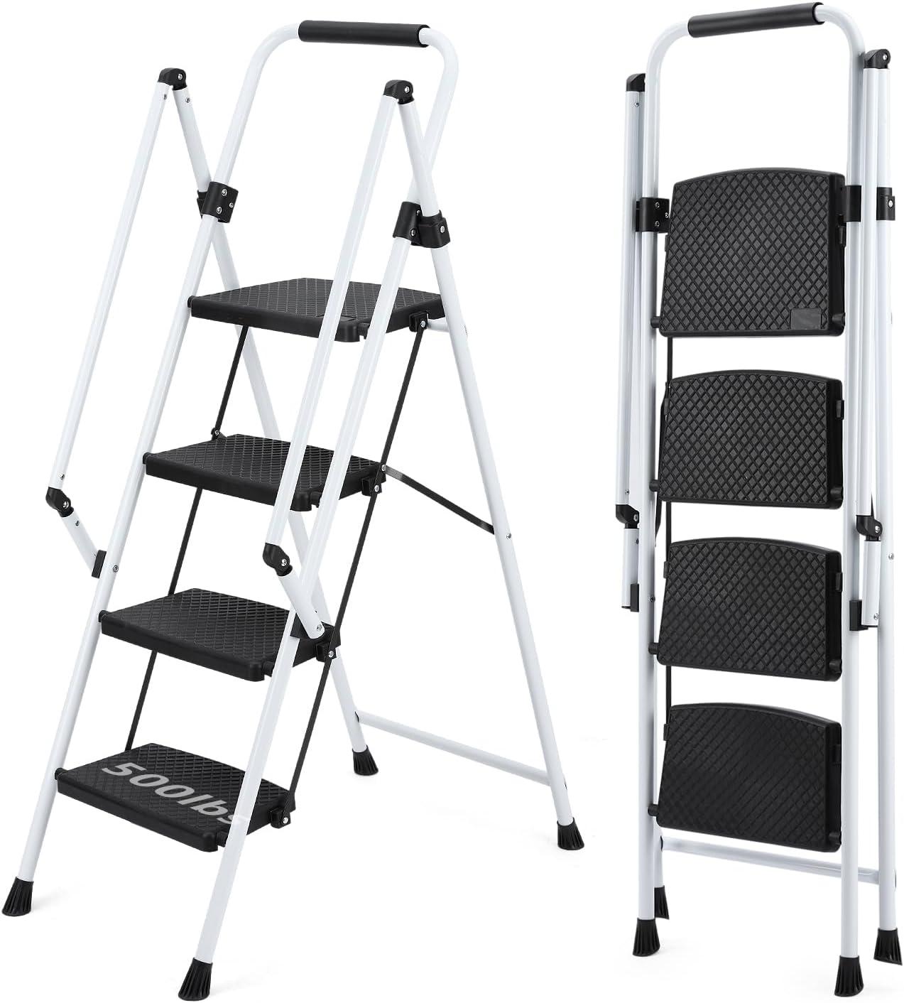 White Four-Step Ladder, Light Folding Four-Step Stool, Wide Anti-Skid Pedal and Safety Handle, Strong Steel Ladder, Multi-Purpose Ladder, Applicable to Family, Kitchen, Office Elevator