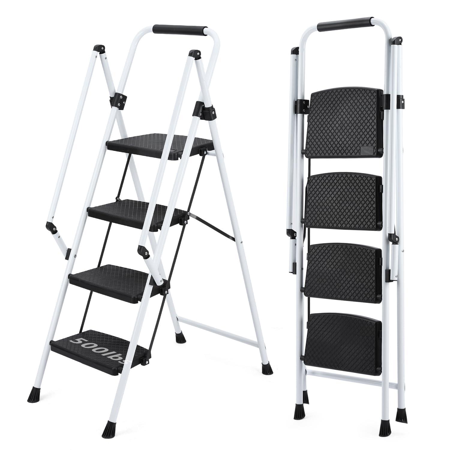 White Four-Step Ladder, Light Folding Four-Step Stool, Wide Anti-Skid Pedal and Safety Handle, Strong Steel Ladder, Multi-Purpose Ladder, Applicable to Family, Kitchen, Office Elevator