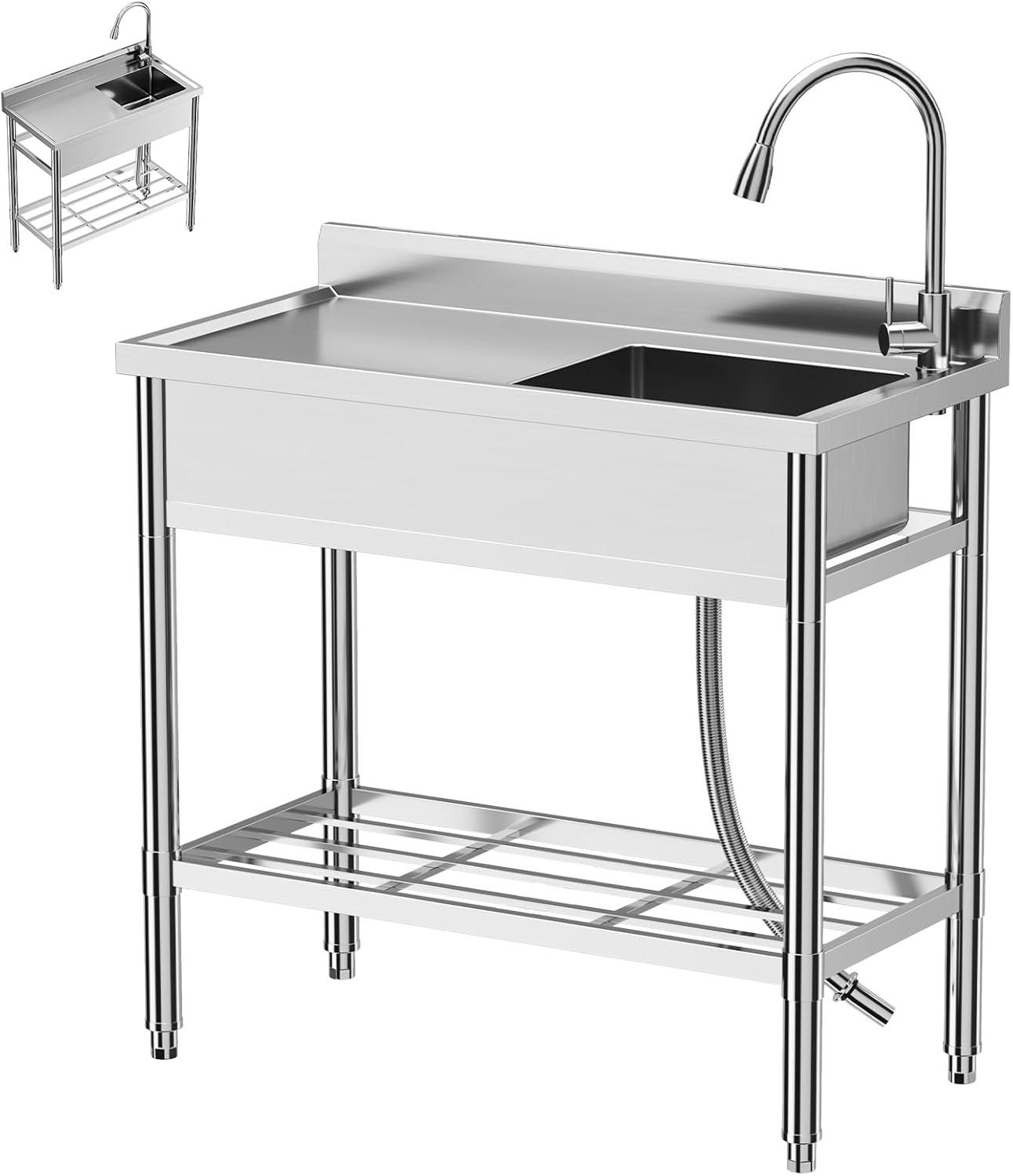 Polished Stainless Steel Freestanding Single Bowl Utility Sink