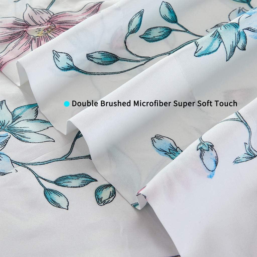 White and Blue Floral Queen Microfiber Sheet Set with Deep Pockets