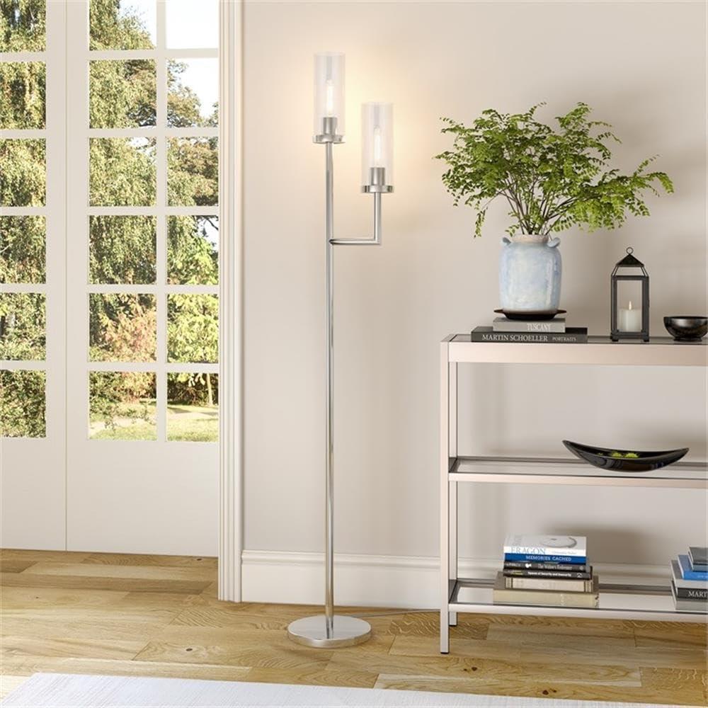 Evelyn&Zoe Basso 2-Light Torchiere Floor Lamp with Glass Shade in Polished Nickel/Clear