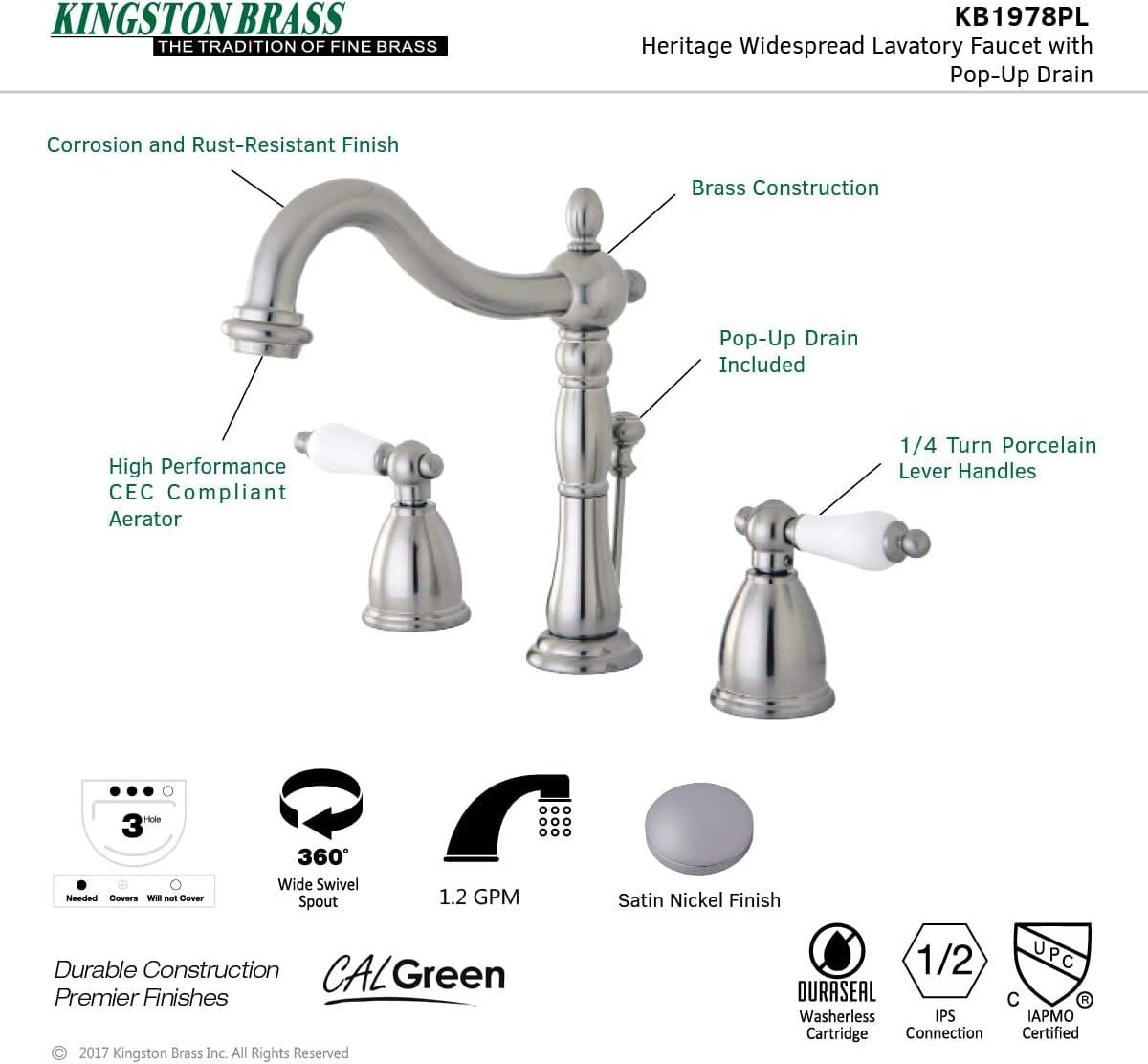 Kingston Brass Kingston Brass Heritage Two-Handle 3-Hole Deck Mount Widespread Bathroom Faucet with Brass Pop-Up Drain KB1977PX