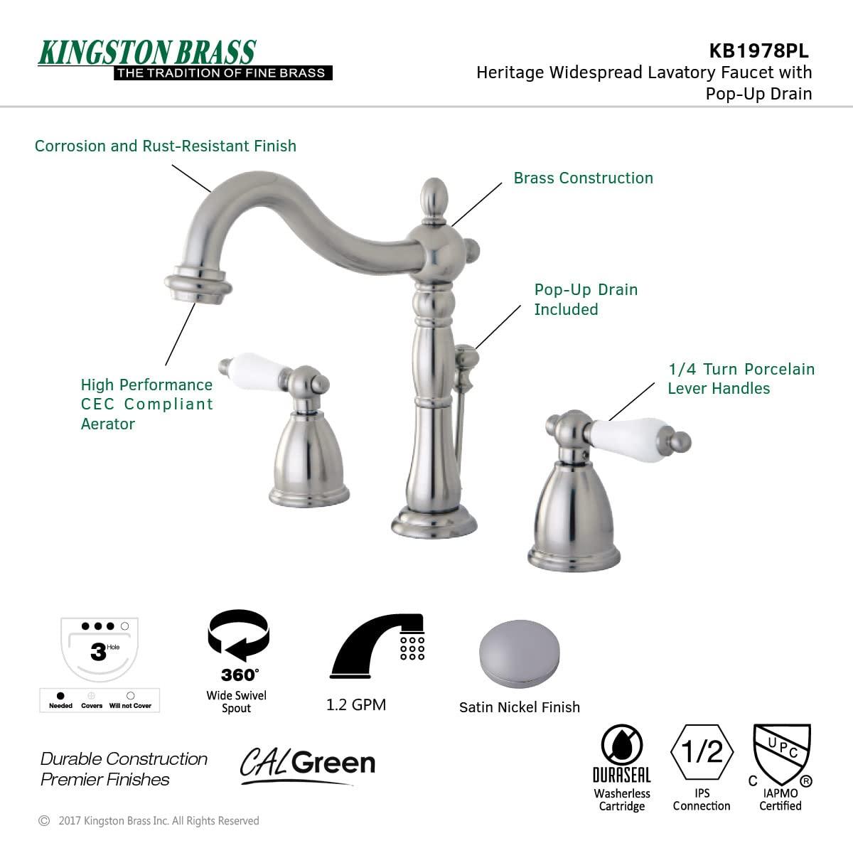 Kingston Brass Kingston Brass Heritage Two-Handle 3-Hole Deck Mount Widespread Bathroom Faucet with Brass Pop-Up Drain KB197PXAC