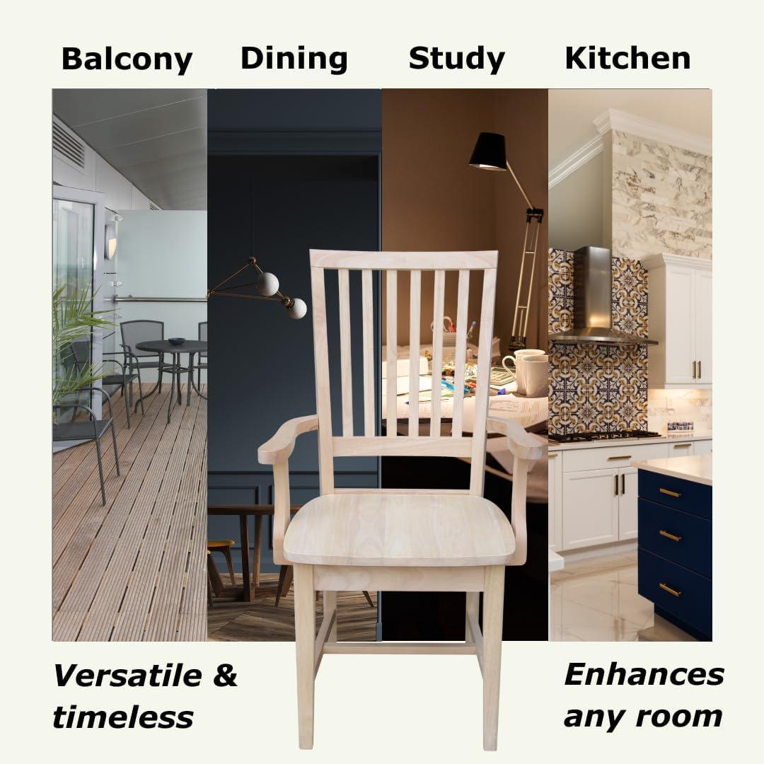 Mission Side Chair with Arms Unfinished - International Concepts: Solid Wood, Slat Back, Kitchen Furniture