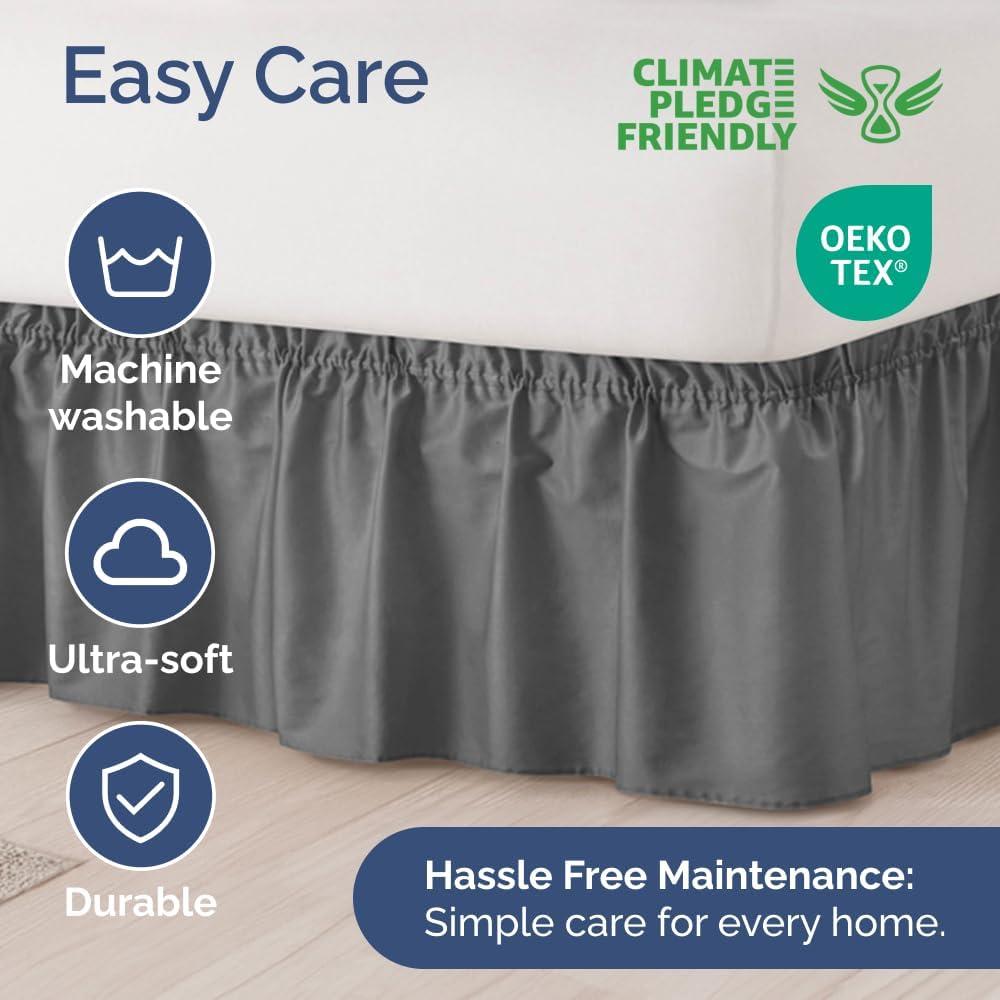 CGK Linens Elastic Wrap-Around Dust Ruffled Bed Skirt - Easy Fit with Pleated 15" Drop in Dark Grey, Size Twin