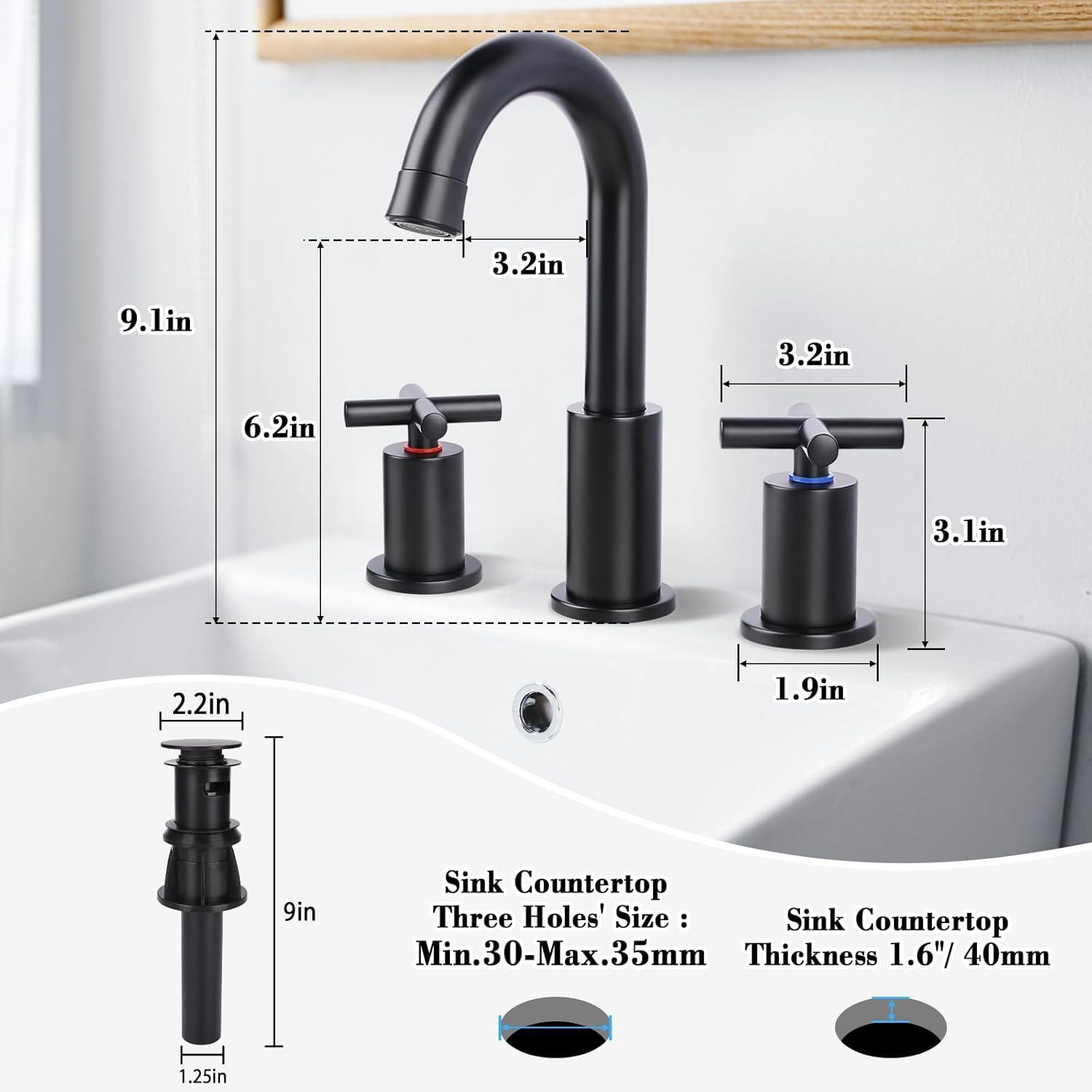 Bathroom faucet 3-hole, 8-inch wide bathroom faucet, pop-up drain, bathroom sink faucet, 360° rotating spout, 2-handle vanity faucet, water supply hose