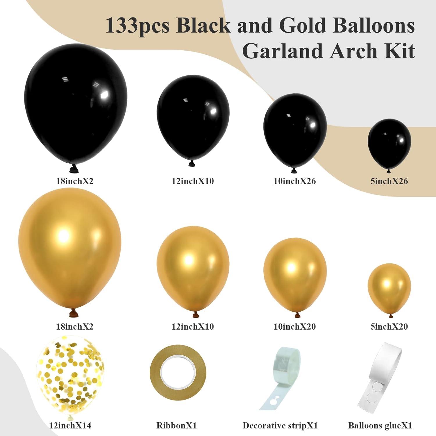 133pcs Black and Gold Balloons Garland Arch Kit with Metallic Gold Confetti Balloons, 5 10 12 18 Inch Black Gold Latex Balloons for Graduation Birthday Wedding Party Decorations