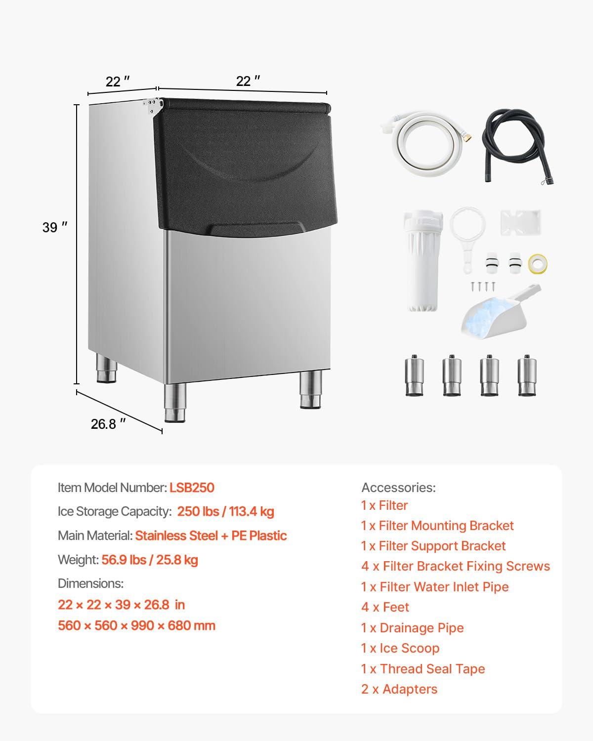 VEVOR Commercial Ice Maker Storage Bin, 250LBS Capacity Ice Bin, Stainless Steel Ice Storage Bin with Filter and Adjustable Anti-Slip Rubber Feet, Suitable for Restaurant Hotel and Beverage Shops