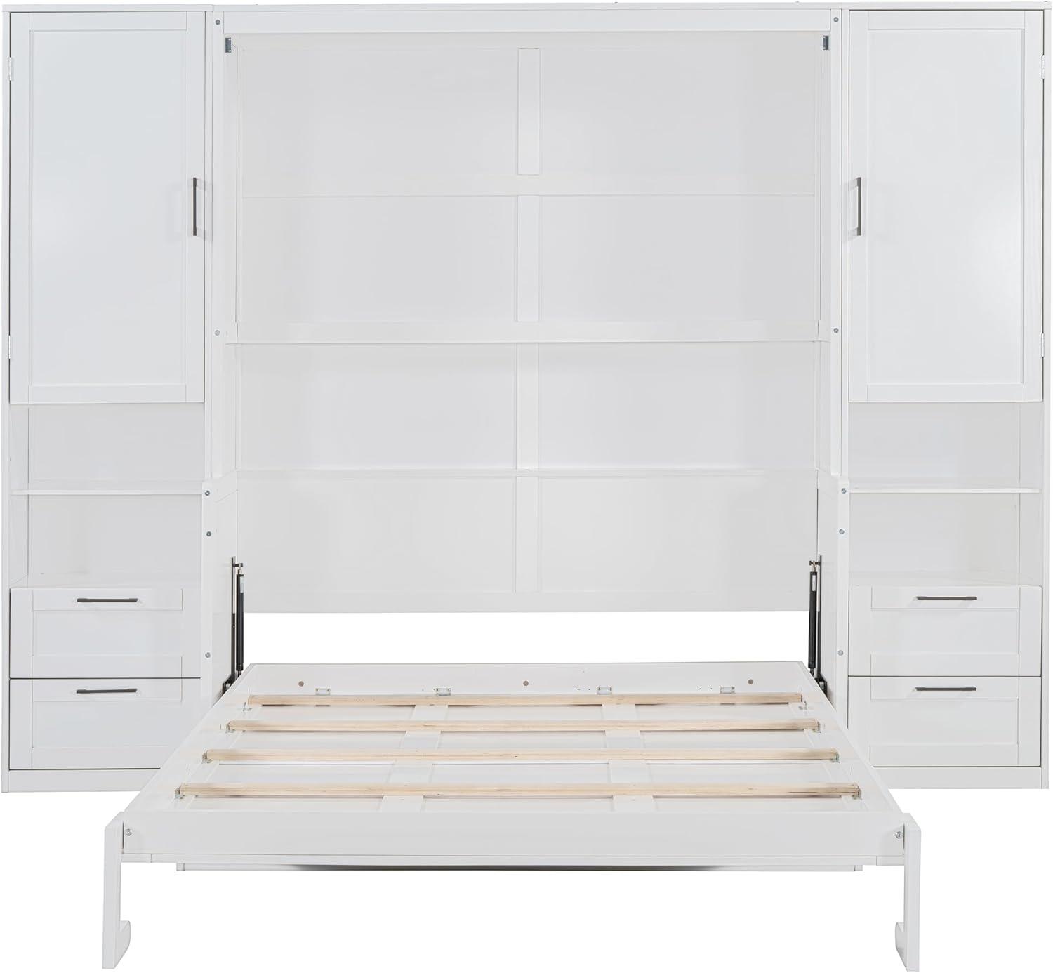 Harper & Bright Designs Queen Size Murphy Bed, Wooden Queen Wall Bed with Closet, Drawers and Shelves, White