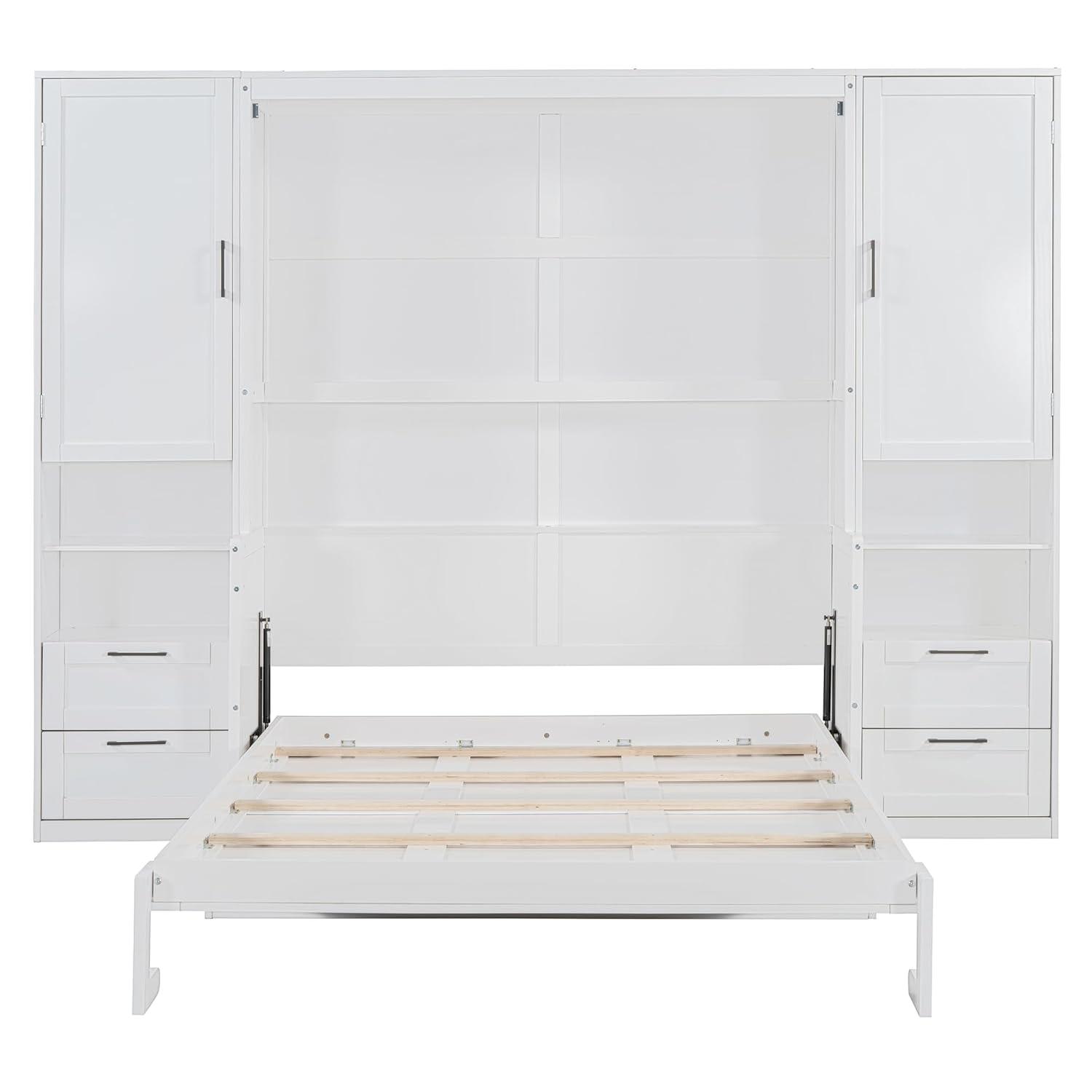 Harper & Bright Designs Queen Size Murphy Bed, Wooden Queen Wall Bed with Closet, Drawers and Shelves, White
