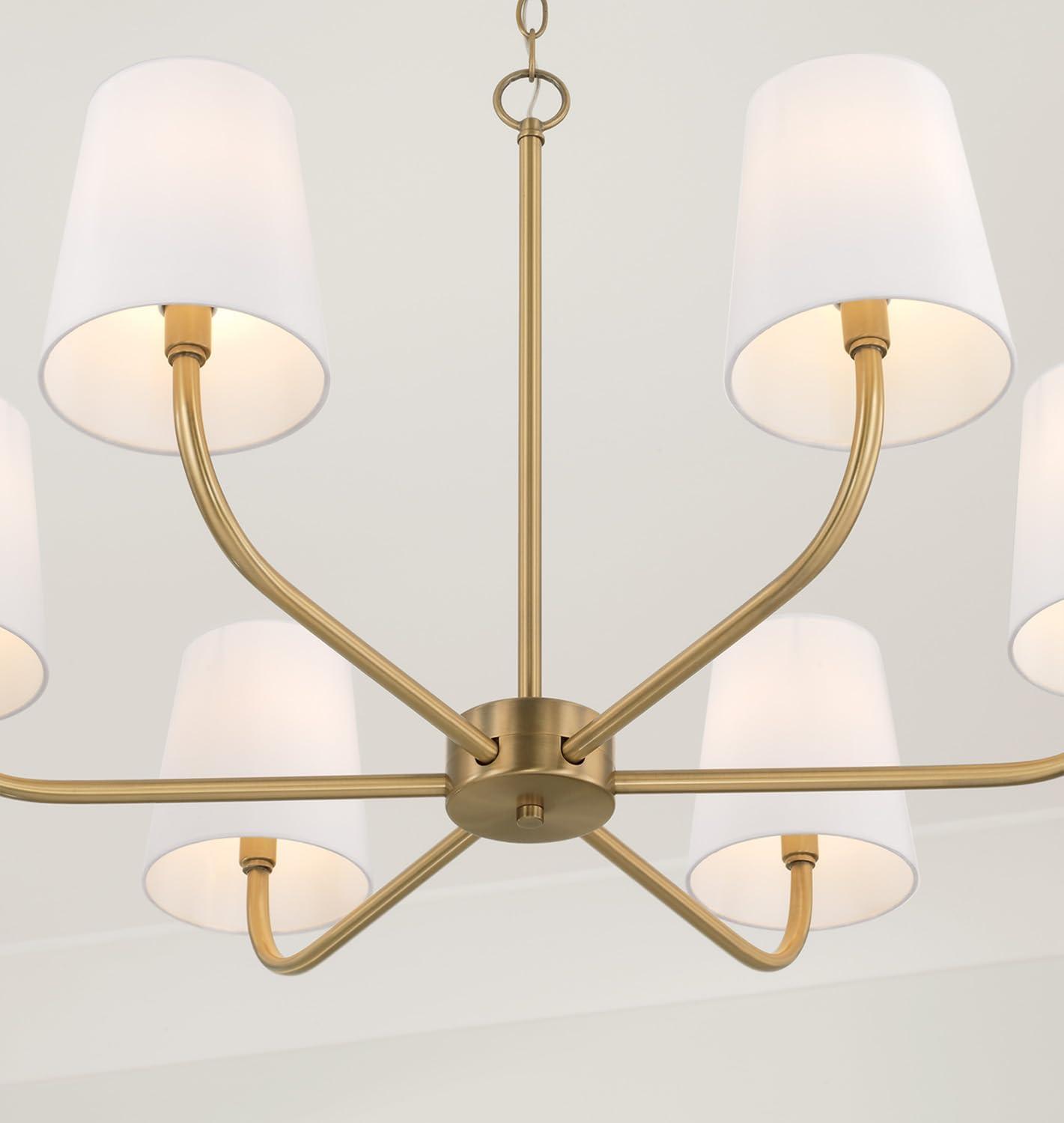 Aged Brass 6-Light Chandelier with White Fabric Shades