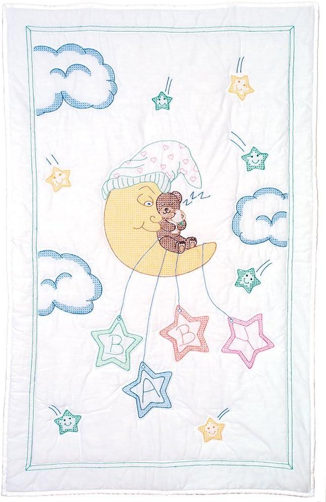 White Baby Crib Quilt with Bear and Moon Design