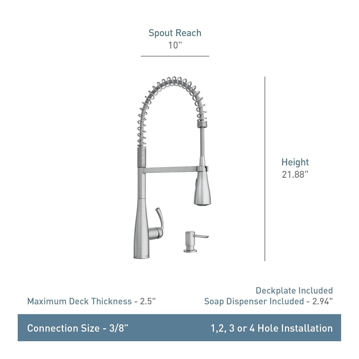 Moen Essie Pre-Rinse Spring Pull Down Single Handle Kitchen Faucet with Power Clean Technology and Soap Dispenser