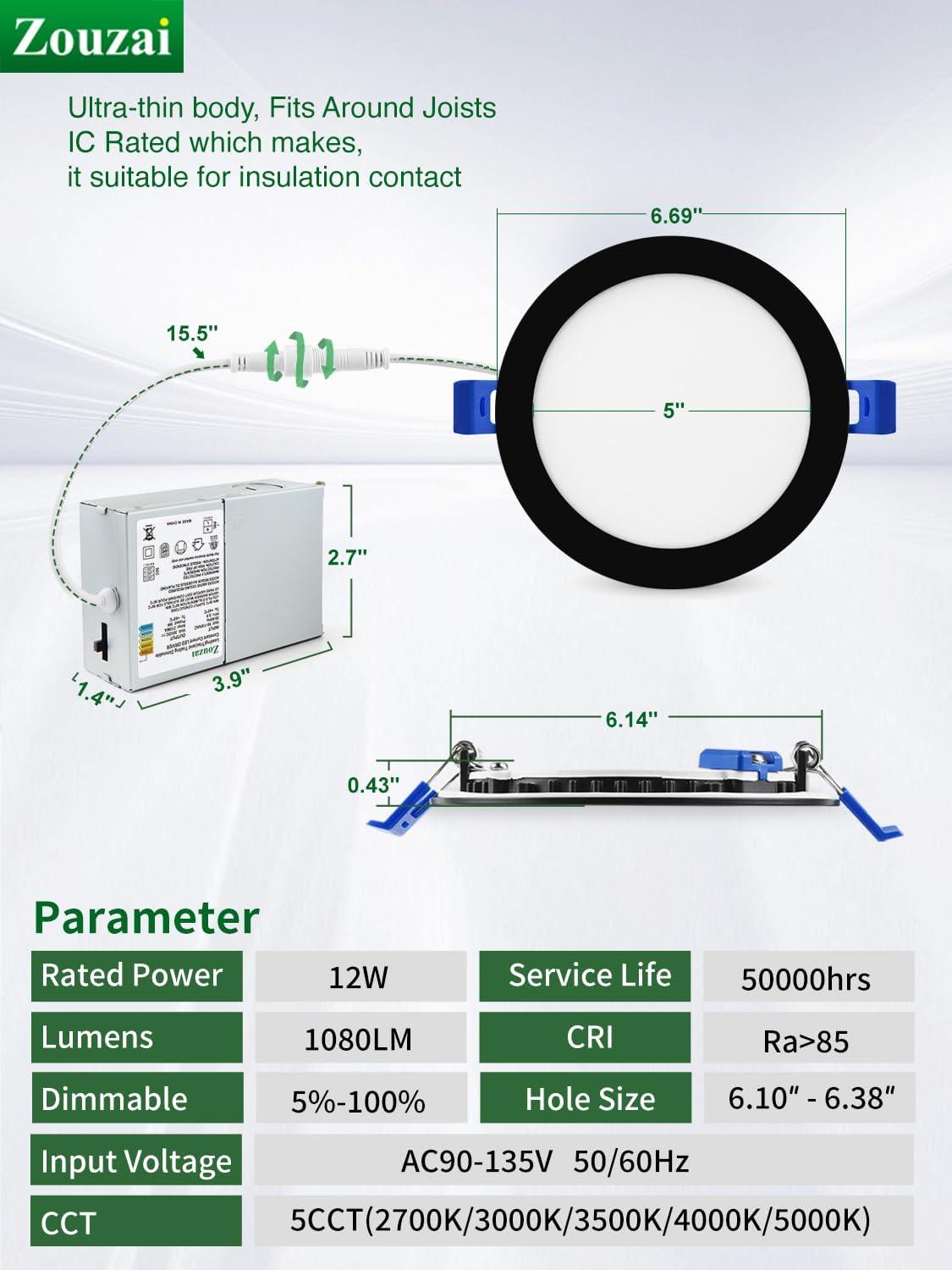 Zouzai 12 Pack 6 Inch Ultra-Thin Dimmable LED Recessed Lights with Junction Box