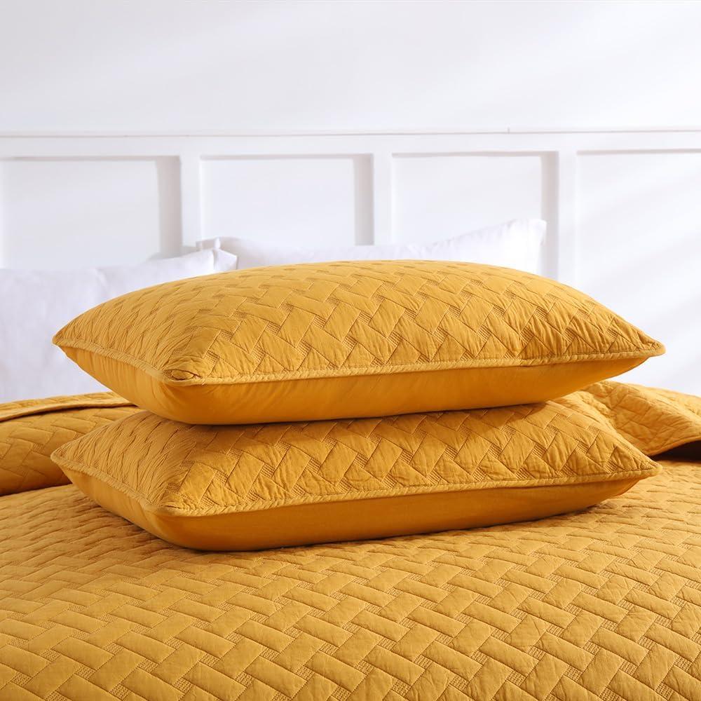Cotton Quilt Bedding Sets Queen Size, 3 Pieces Reversible Lightweight Coverlets Comforters Bedspreads for All Seasons,Weave Stitching Pattern,Yellow