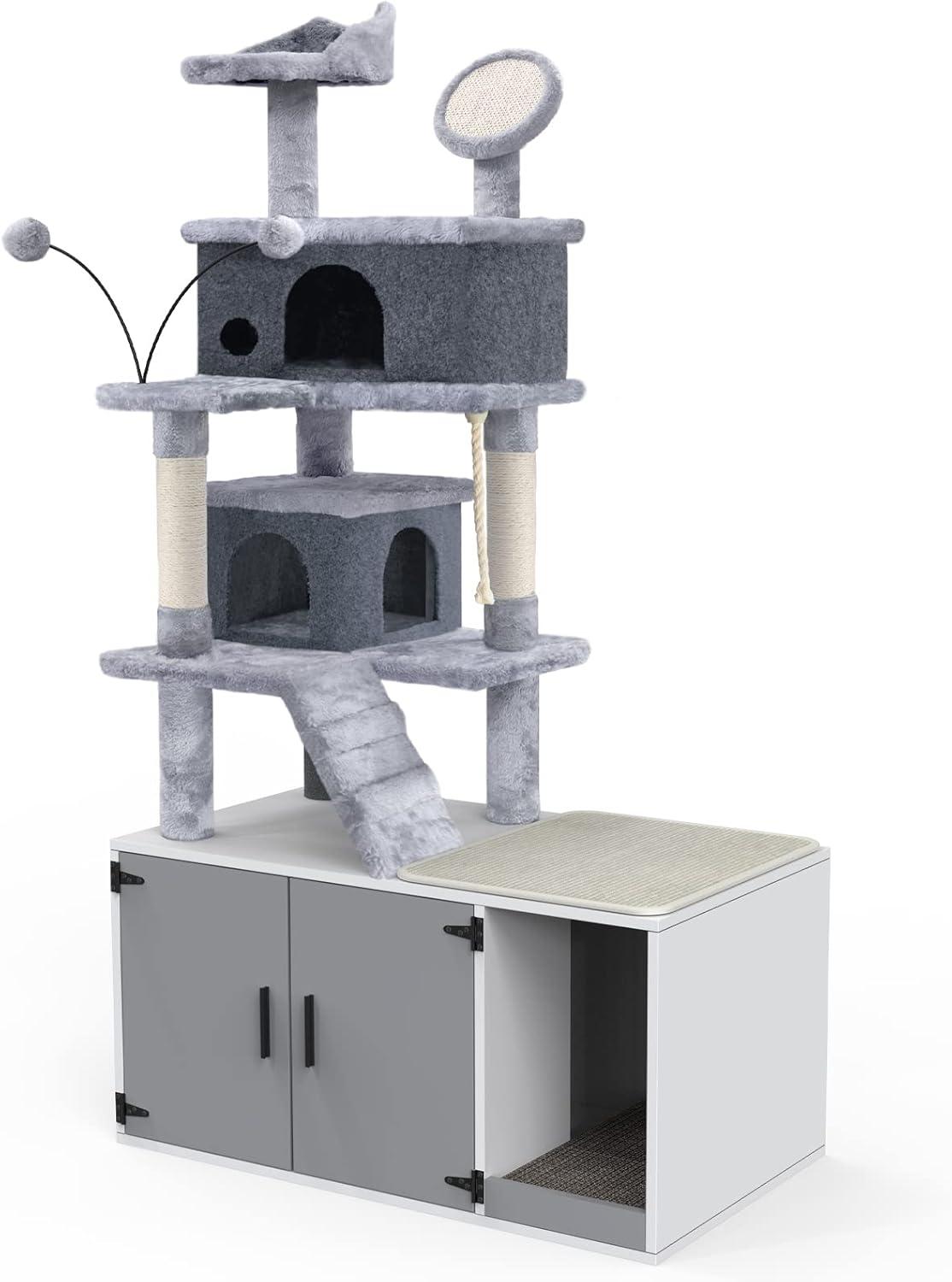 GDLF Cat Litter Box Enclosure Hidden Washroom Tower All-In-One Tree Condo, Grey