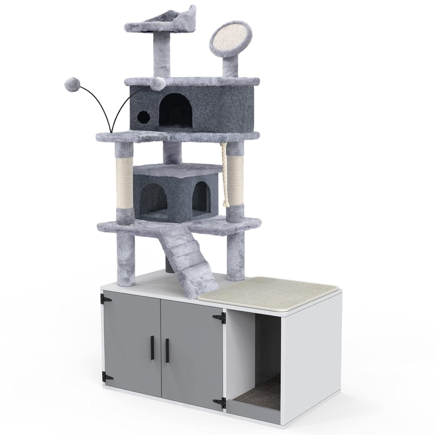 GDLF Cat Litter Box Enclosure Hidden Washroom Tower All-In-One Tree Condo, Grey