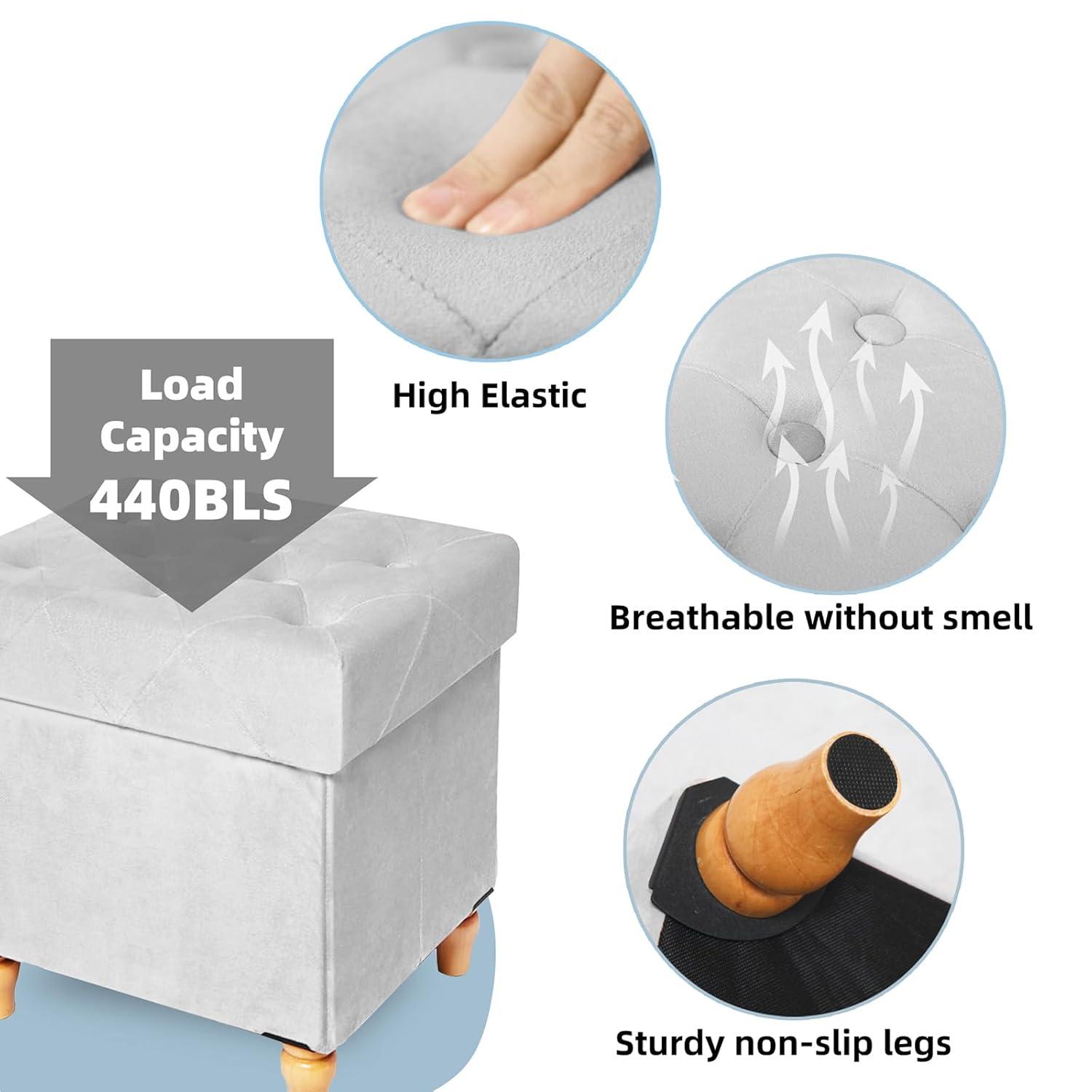 CAROLMADE Folding Storage Ottoman Cube Velvet Footstool with Wood Legs Ottoman Footrest for Living Room and Bedroom, Grey 15"x12.6"x15.4”