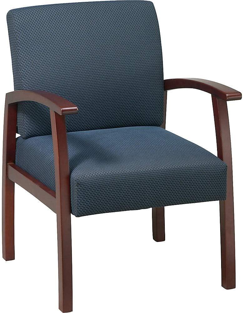 Cherry Wood and Midnight Blue Fabric Guest Chair with Fixed Arms