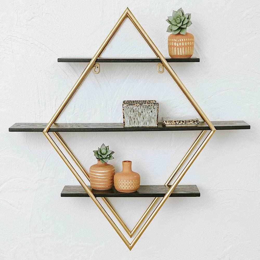 Creative Co-Op Wood and Gold Diamond Wall Shelf