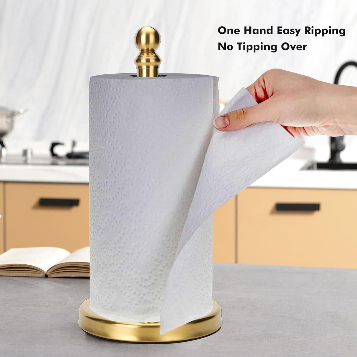 Paper Towel Holder Countertop Standing Roll Kitchen Bathroom Stand Weighted Base Suction Cups Stainless Steel Silver