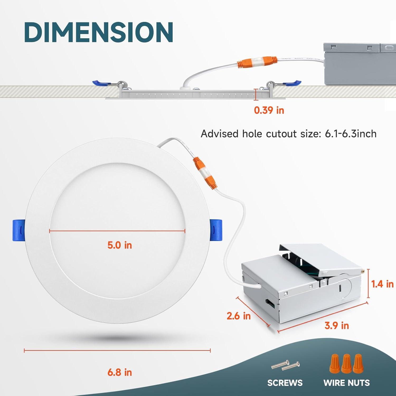 DAMINY 12 Pack 6 Inch LED Recessed Lighting with Junction Box,5Cct,Ultra-Thin Recessed Light,12W 1080Lm, Dimmable Canless Wafer Ceiling Light, High Brightness - ETL