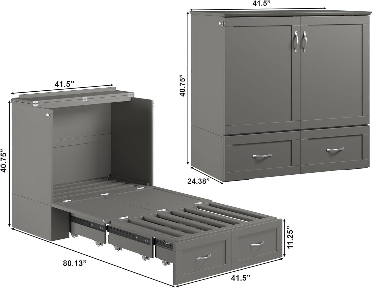 AFI Hamilton Twin XL Solid Wood Murphy Bed Chest with Built-In Charger in Gray