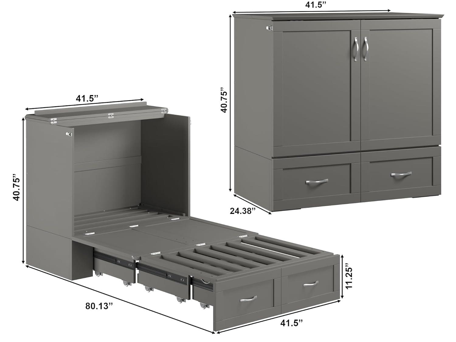 AFI Hamilton Twin XL Solid Wood Murphy Bed Chest with Built-In Charger in Gray