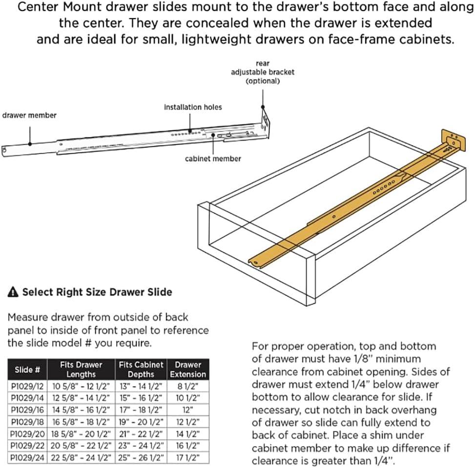 Drawer Slide Center Mount 3/4 Extension Cadmium Finish