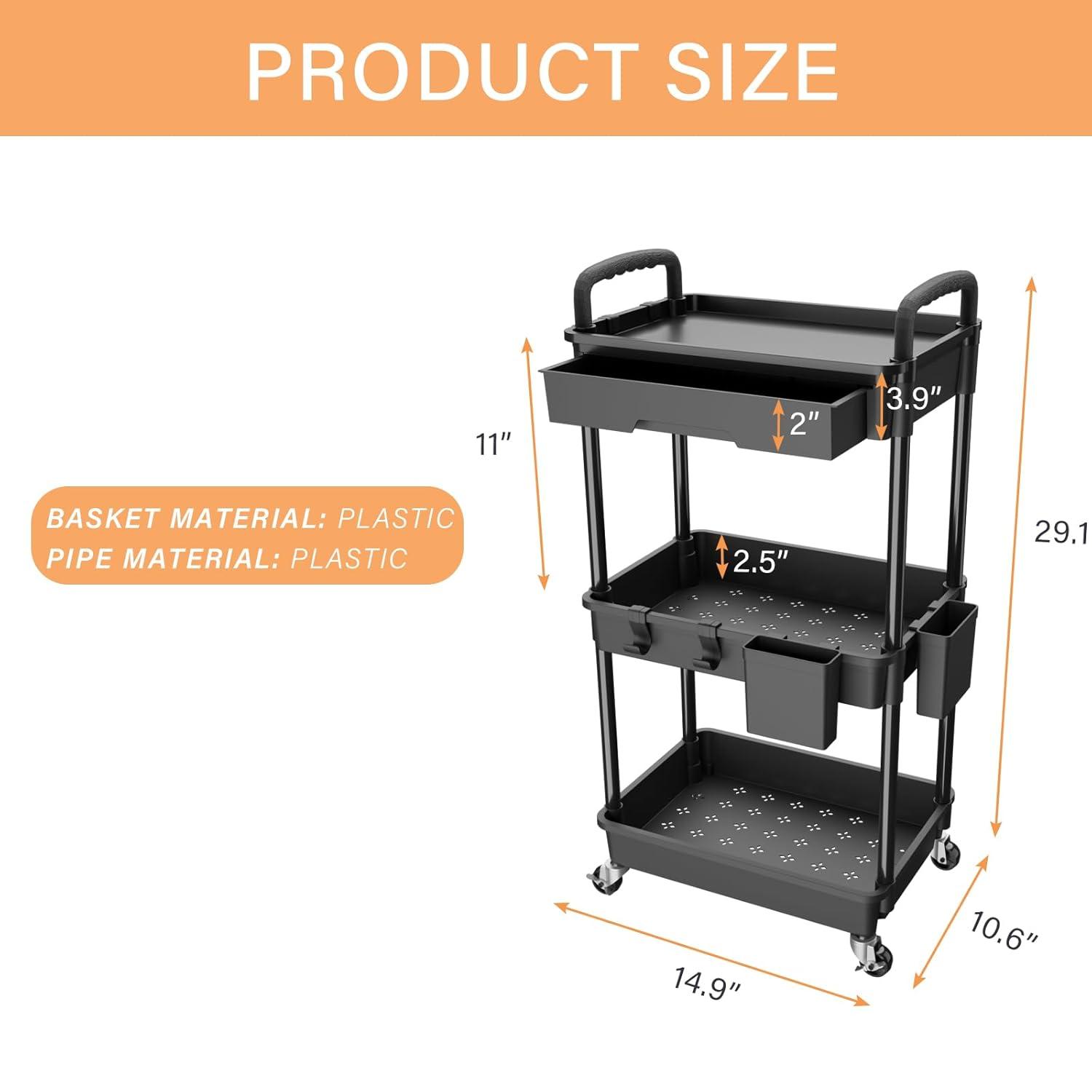WZTO 3-Tier Rolling Utility Cart 3-Tier Multifunctional Storage Organizer Supply Holder Quiet Multifunctional Organizer for Salon Hospitals Bathroom Kitchen exceptional