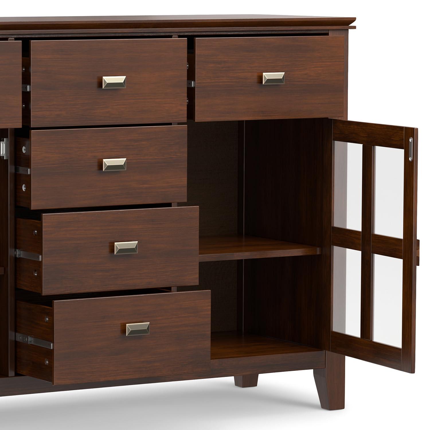 Simpli Home Artisan 54"W Solid Wood Sideboard Buffet with Tempered Glass Doors and 6 Drawers