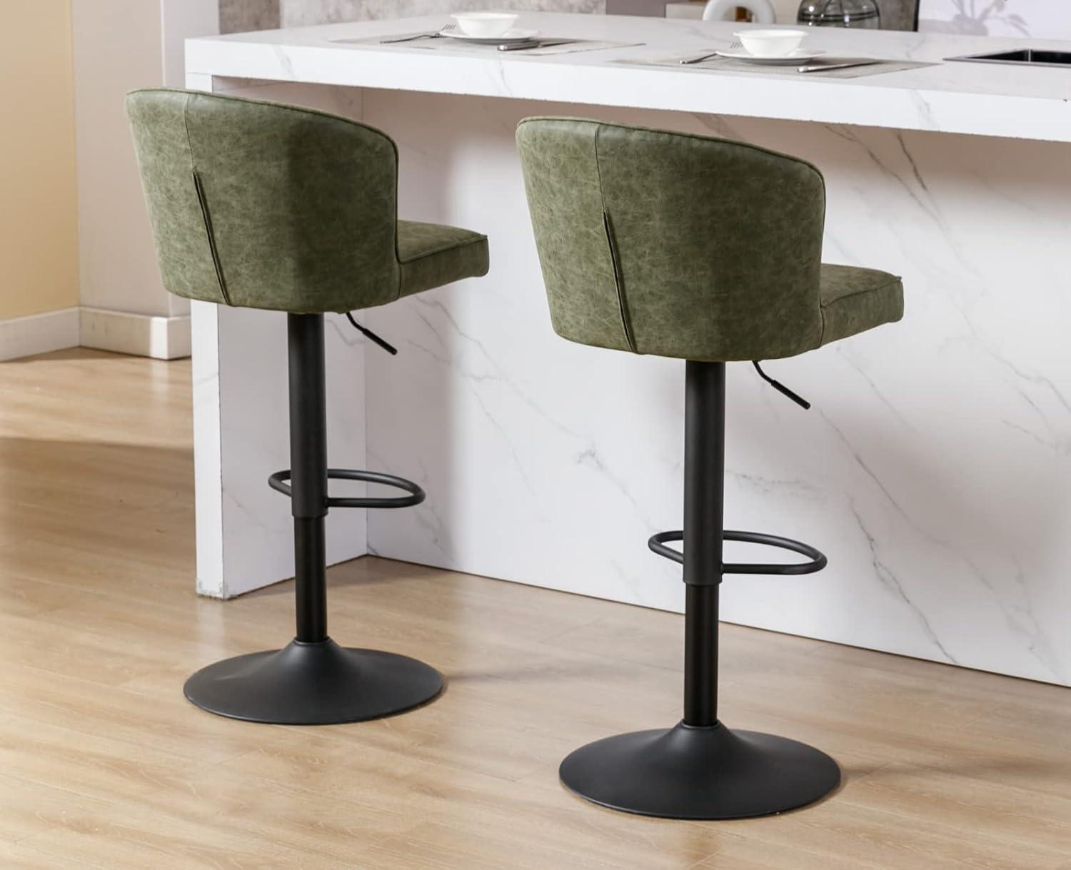 Green Faux Leather Adjustable Swivel Bar Stools with Iron Base, Set of 2