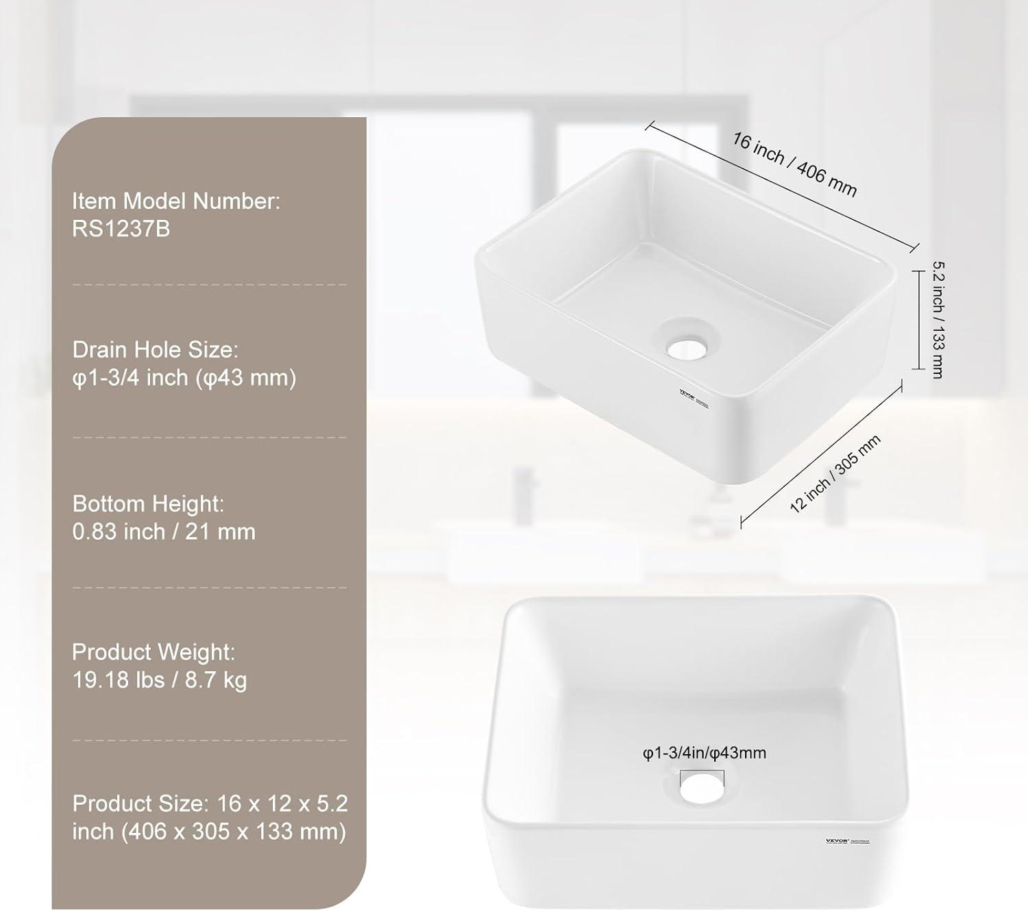 White Ceramic 16" x 12" Rectangular Above-Counter Vessel Sink