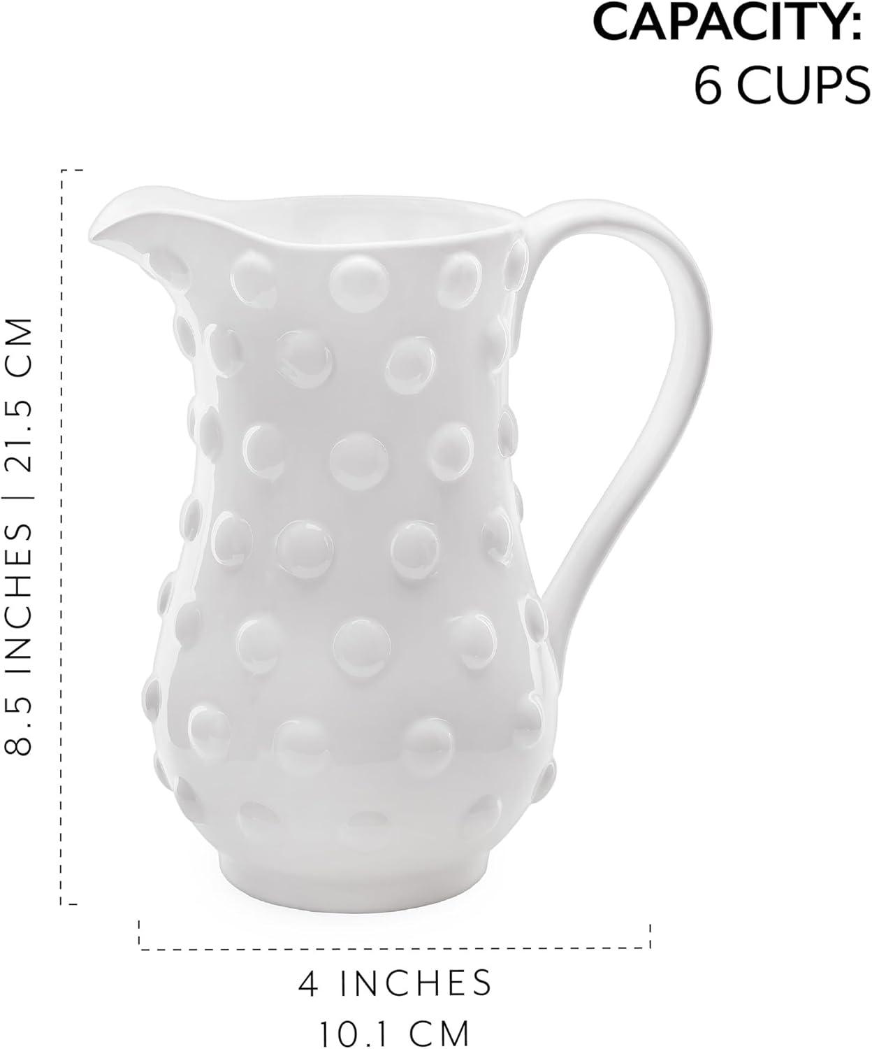 AuldHome Design White Hobnail Ceramic Pitcher, Vintage Retro Farmhouse Style