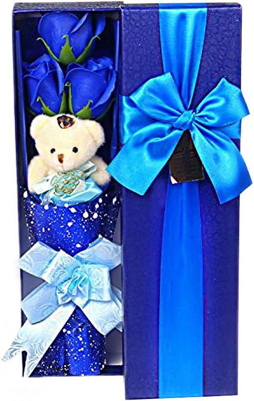 Royal Blue Scented Soap Roses Gift Box with Teddy Bear