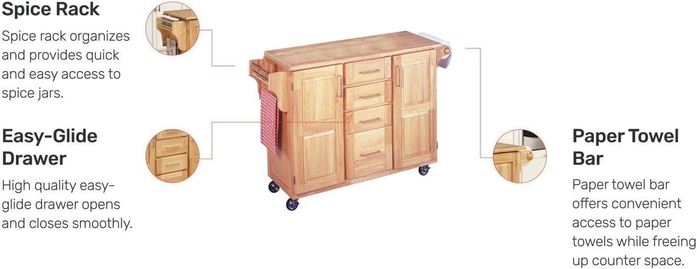 Breakfast Bar Kitchen Cart with Wood Top Natural - Home Styles: Rolling Island Storage, 2 Shelves, 2 Doors